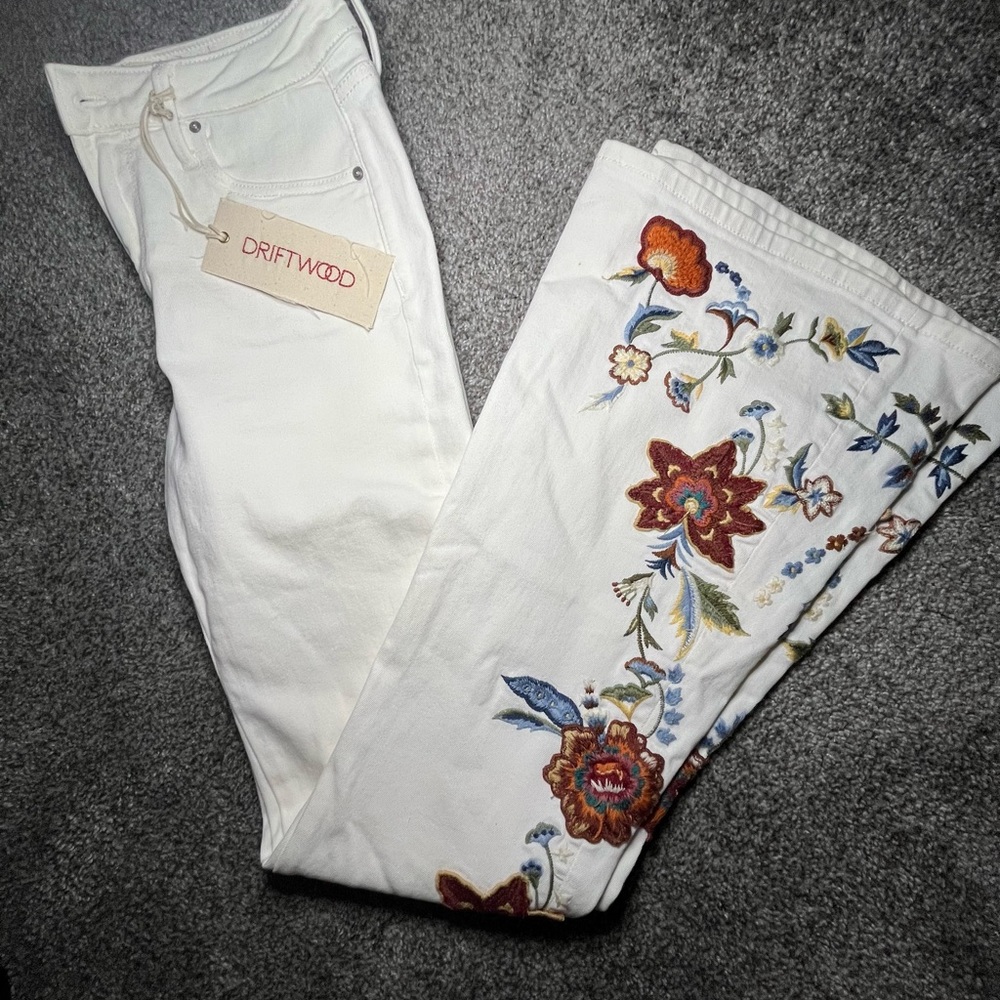 Driftwood white embroidered flare jeans